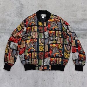 90’s Vintage silk bomber jacket by Cocoon Music themed colorful print